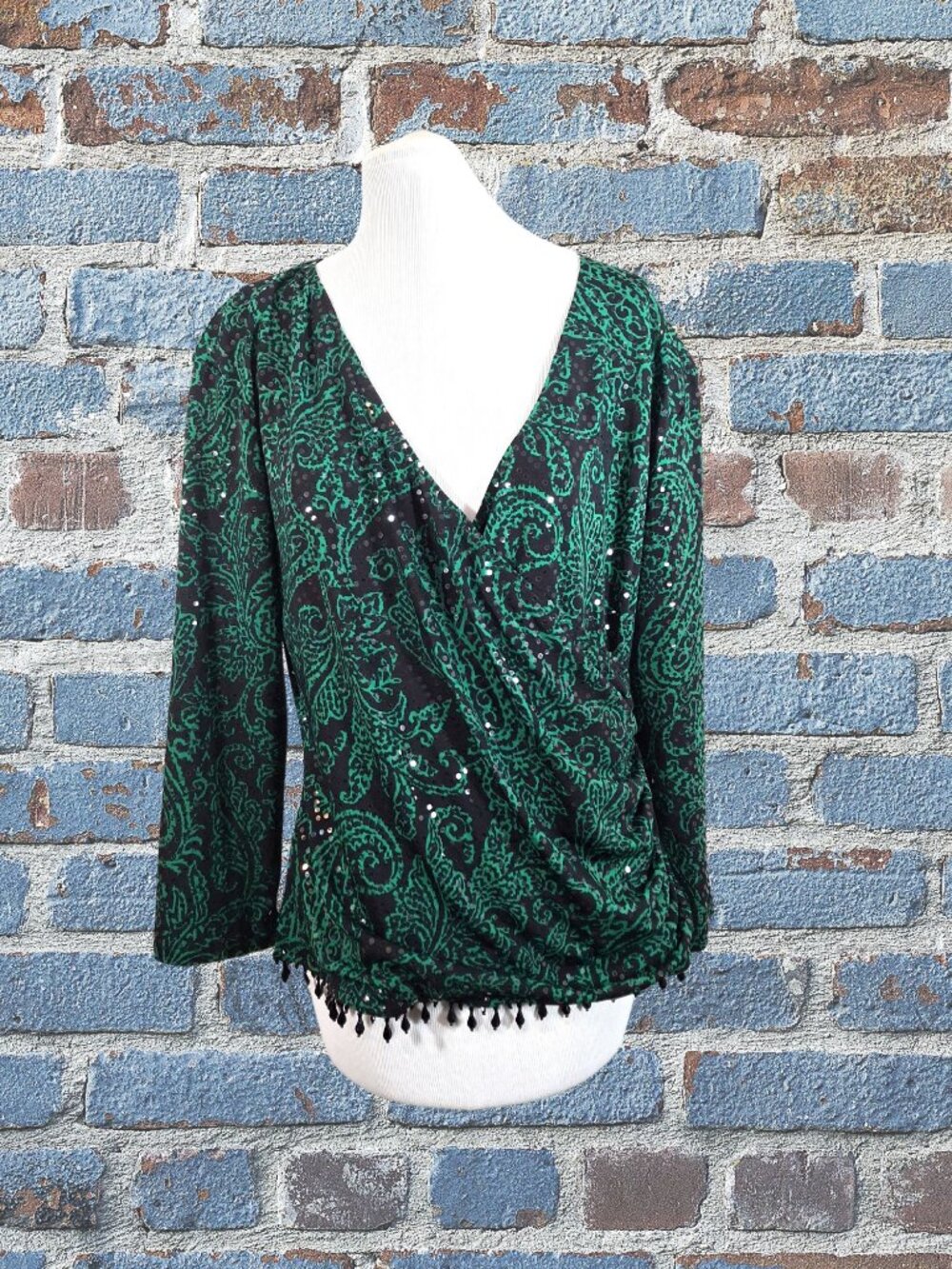 MSK Emerald Green and Black XL Beaded Ladies Blouse 3/4 Sleeves